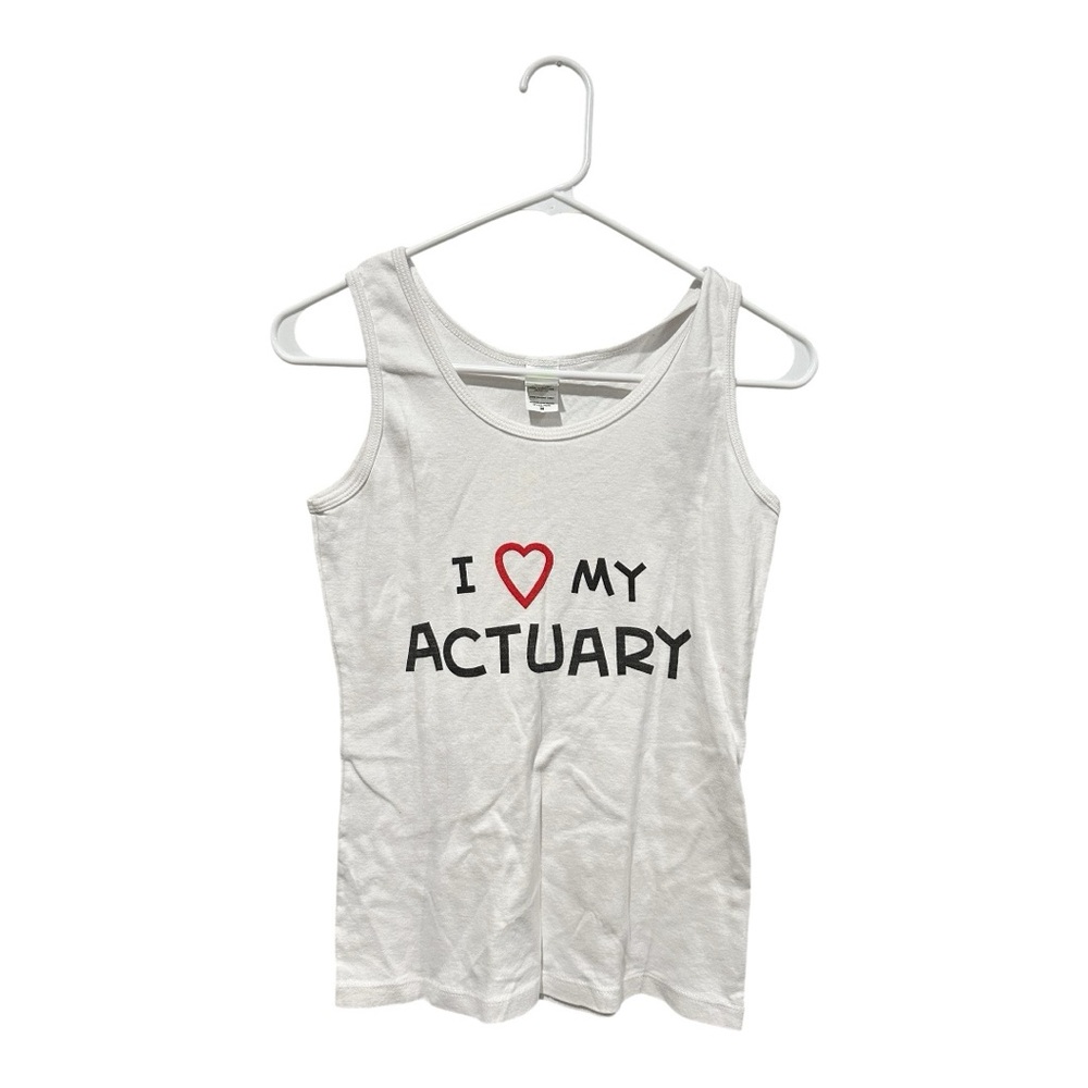 White Tank Top with 'I Love My Actuary' Print